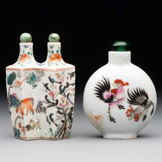 A Chinese double losange-shaped '12 zodiac animals' snuff bottle and a 'roosters' snuff bottle, 19th C.