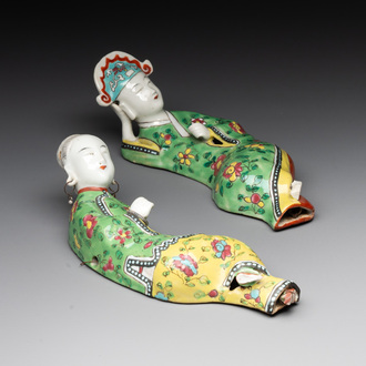 Two Chinese famille rose reclining figures, 19th C.