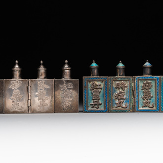 A pair of four-fold Chinese enamelled and engraved silver medicine bottles, 19th C.