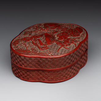 A Chinese quadrifoil red cinnabar lacquer box and cover with figural design, 19/20th C.