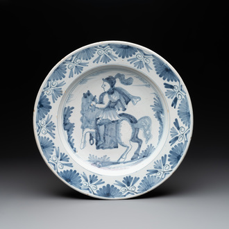 A blue and white Dutch maiolica dish with a rider on horseback, probably Harlingen, 2nd half 17th C.