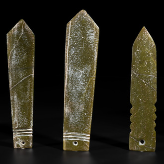 Three Chinese green nephrite jade ceremonial blades, Shang, 12th C. B.C.