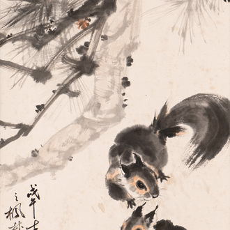 Liu Jilu 劉繼卣 (1918-1983): 'Two squirrels under the pine tree', ink and colour on paper, dated 1978