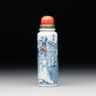 A fine and large Chinese blue, white and copper-red 'Shen Zhou Lei 神州擂' snuff bottle, 19th C.