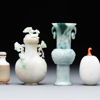 Two small Chinese jade vases and two snuff bottles, 19th C.