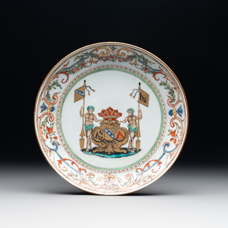 A Chinese famille rose armorial plate with the arms of Goos de Ghyseghem, Vecquemans and Golbeau for the Belgian market, Yongzheng, ca. 1730
