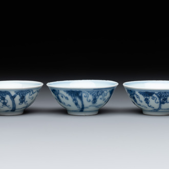 Three Chinese blue and white 'grapevines' cups, Yongzheng mark and of the period
