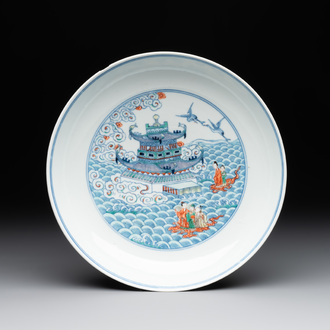 A Chinese famille verte 'Hai Wu Tian Chou 海屋添筹' plate, Yongzheng mark, 19th C.
