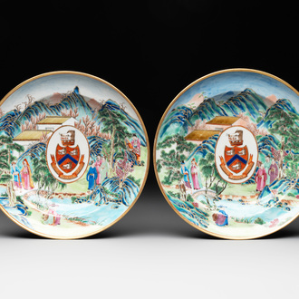 A pair of rare Chinese Canton famille rose armorial soup plates with the arms of Wight, ca. 1810
