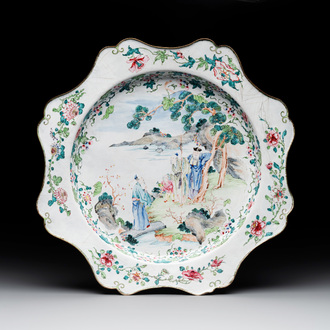 A large Chinese Canton enamel dish with scholars in a landscape, Yongzheng