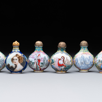 Six Chinese Peking enamel snuff bottles with European design, Qianlong mark, 19/20th C.