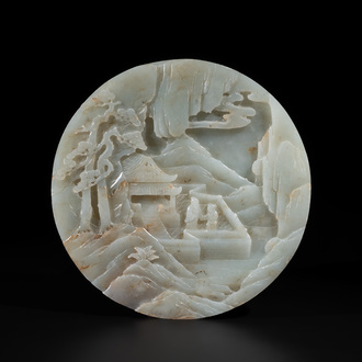 A Chinese celadon and russet jade plaque with landscape design, 19th C.