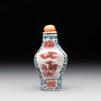 A Chinese blue, white and copper-red snuff 'deer' bottle, Yongzheng mark and of the period