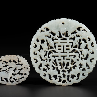 Two Chinese white jade plaques with deer, bat and double happiness design, 19th C.