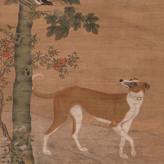 Chinese school, after Giuseppe Castiglione 郎世寧 (1688-1766): 'Hound under the sycamore tree', ink and colour on silk, Qianlong seal mark,18/19th C.