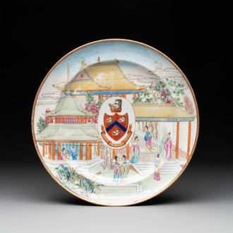 A rare Chinese Canton famille rose armorial dish with the arms of Wight, ca. 1810