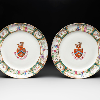 A pair of rare Chinese Canton famille rose armorial plates with the arms of Wight, ca. 1810
