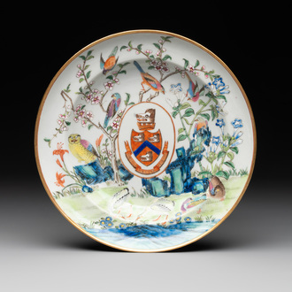 A rare Chinese Canton famille rose armorial dish with the arms of Wight, ca. 1810