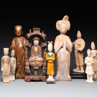 A group of 9 Chinese terracotta and wooden figures, Northern Qi and later