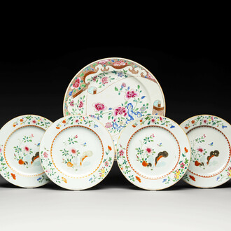 A Chinese famille rose dish and four plates with floral design, Qianlong