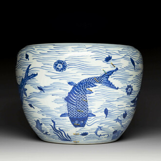 A Chinese blue and white 'carp' fishbowl, Kangxi
