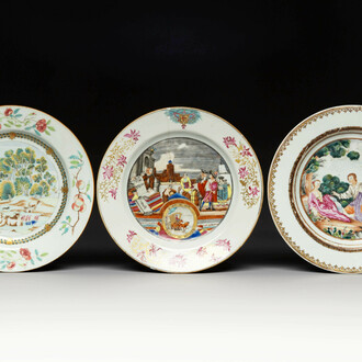 Three Chinese export famille rose 'Cloth Traders', 'Shepherds' and a scene from a fable by La Fontaine plates, Qianlong
