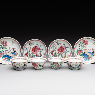 Two pairs of Chinese famille rose cups and saucers with pheasants and roosters, Yongzheng/Qianlong