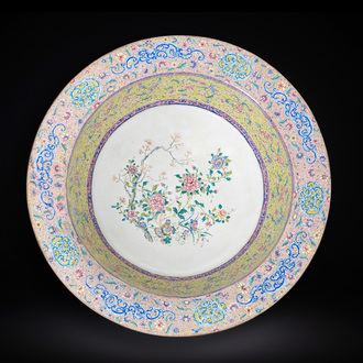 An exceptionally large Chinese Canton enamel basin with floral design, Yongzheng