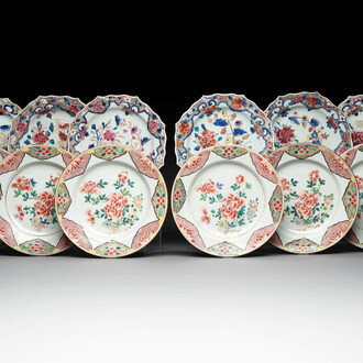 Two sets of six Chinese famille rose plates with peonies, Yongzheng/Qianlong