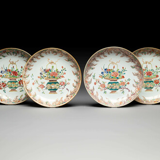 Four Chinese famille rose 'flower basket' plates, Qianlong