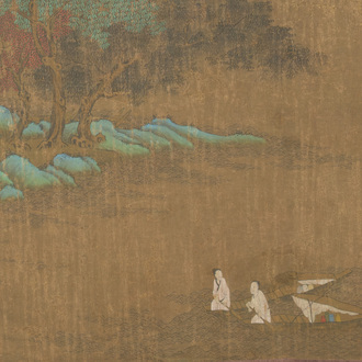 Chinese school: 'Sages in a lake landscape', ink and colour on silk, Ming or later