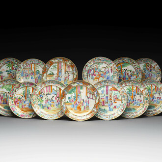 Thirteen Chinese Canton famille rose plates with narrative design, 19th C.