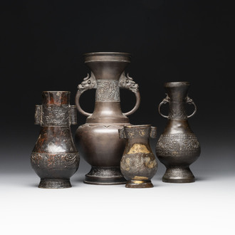 Four Chinese archaistic gilt bronze vases, Yuan/Ming