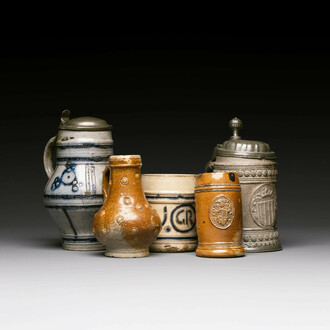 Five stoneware mugs and jugs with various seals, Germany, 16/17th C.