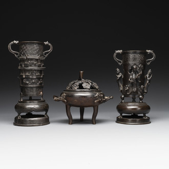 Two Chinese Chinese bronze cylindrical incense stick holders and a covered censer, Yuan/Ming and Qing
