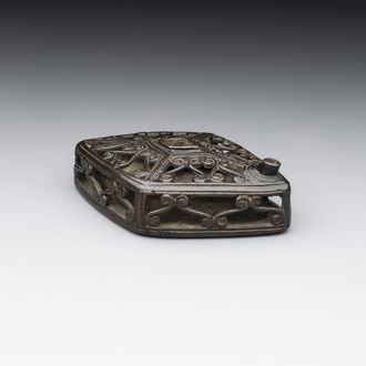 A Chinese reticulated lozenge-shaped double-walled bronze water dropper, 16th C.