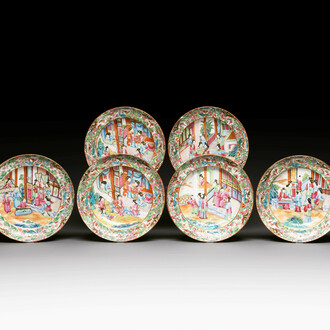 Six Chinese Canton famille rose deep plates with narrative design, 19th C.