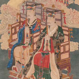 Chinese school: 'Deities in heaven', ink and colour on silk, Qing