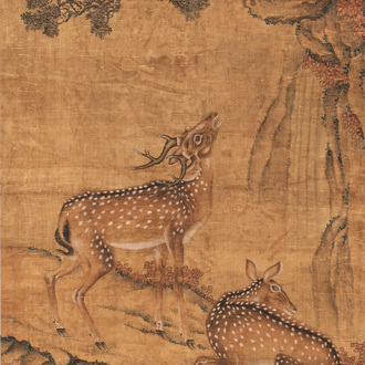 Chinese school: 'Two deer under a pine tree', ink and colour on silk, Qing or later