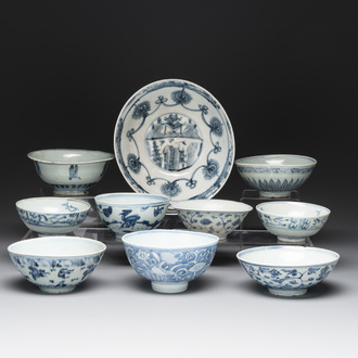 A collection of ten Chinese blue and white bowls, Ming