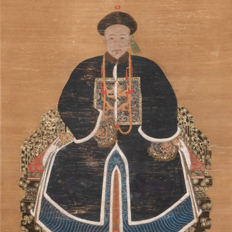 Chinese school: 'Full body portrait of a prince', ink and colour on silk, Qing