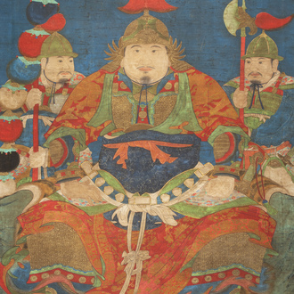 Chinese school: 'Portrait of a general with two servants', ink and colour on silk, Ming or later