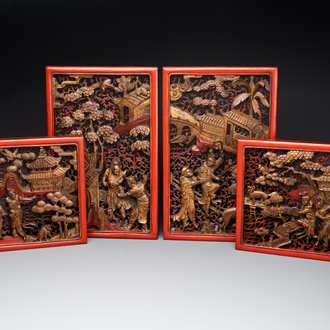 Two pairs of Chinese carved, lacquered and gilt-decorated wooden panels with figural design, 19th C.