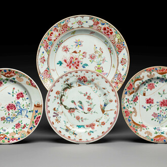 A Chinese famille rose dish and three plates, Qianlong