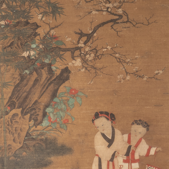 Follower of Su Hanchen 蘇漢臣 (1094-1172): 'Child playing with a cat', ink and colour on silk, Ming or later