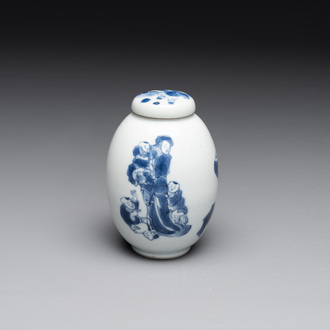 A Chinese blue and white tea caddy and cover with a lady and playing boys, Kangxi
