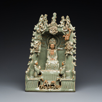 A Chinese Longquan celadon shrine of Guanyin, Ming or later