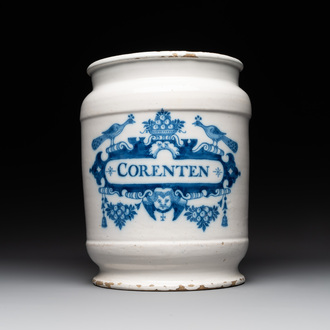 A large Dutch Delft blue and white albarello, inscribed 'Corenten', 18th C.