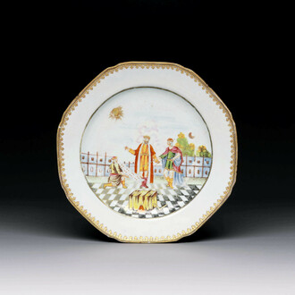 A Chinese export famille rose 'Building of the Temple of Solomon' plate, Qianlong, ca. 1760