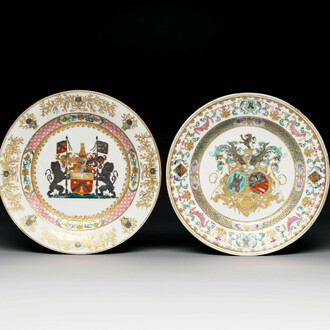 Two Chinese armorial export plates with arms of Knyff and arms of Bistrate impaling Proli for the Belgian market, Qianlong